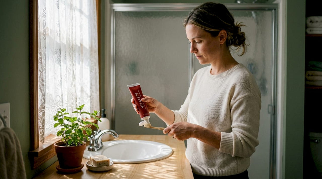 Preparing natural toothpaste in home bathroom