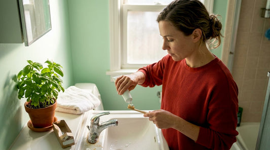 Woman preparing natural toothpaste in clean bathroom