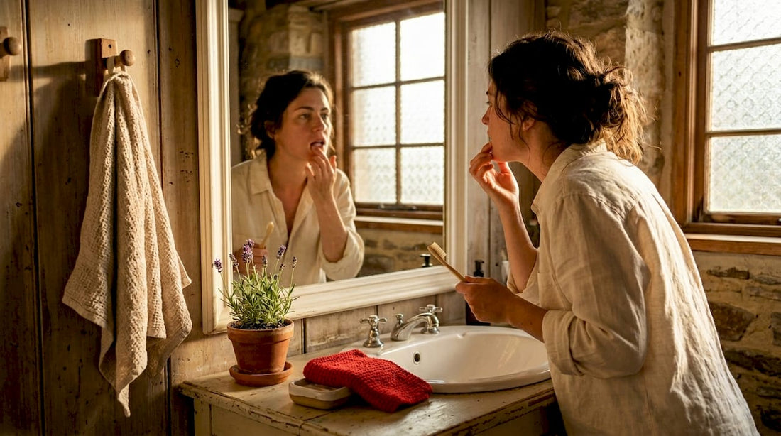 Woman checking gums in bathroom mirror