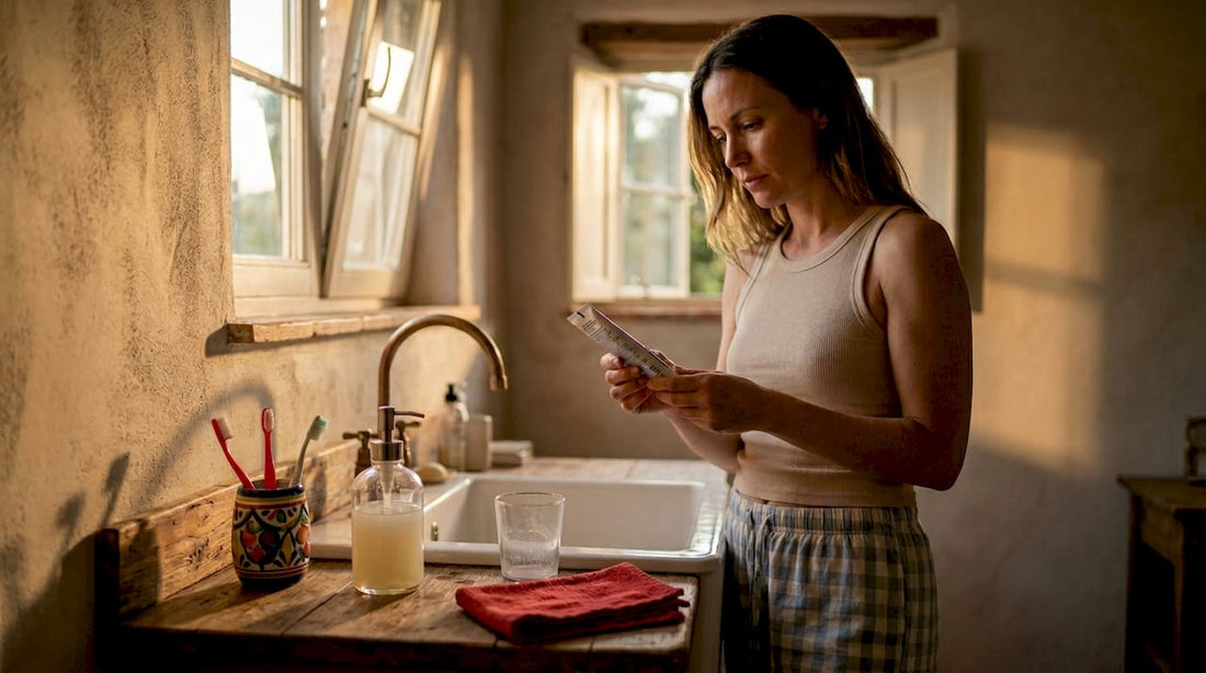 Woman checking toothpaste label in sunlit bathroom