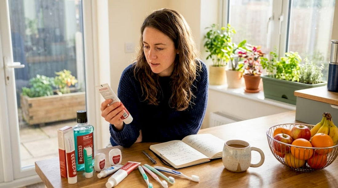 Woman reading toothpaste label in kitchen