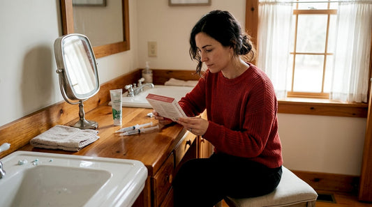 Woman reading at-home tooth whitening instructions