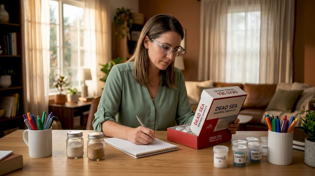 Dental researcher examines mineral samples at desk
