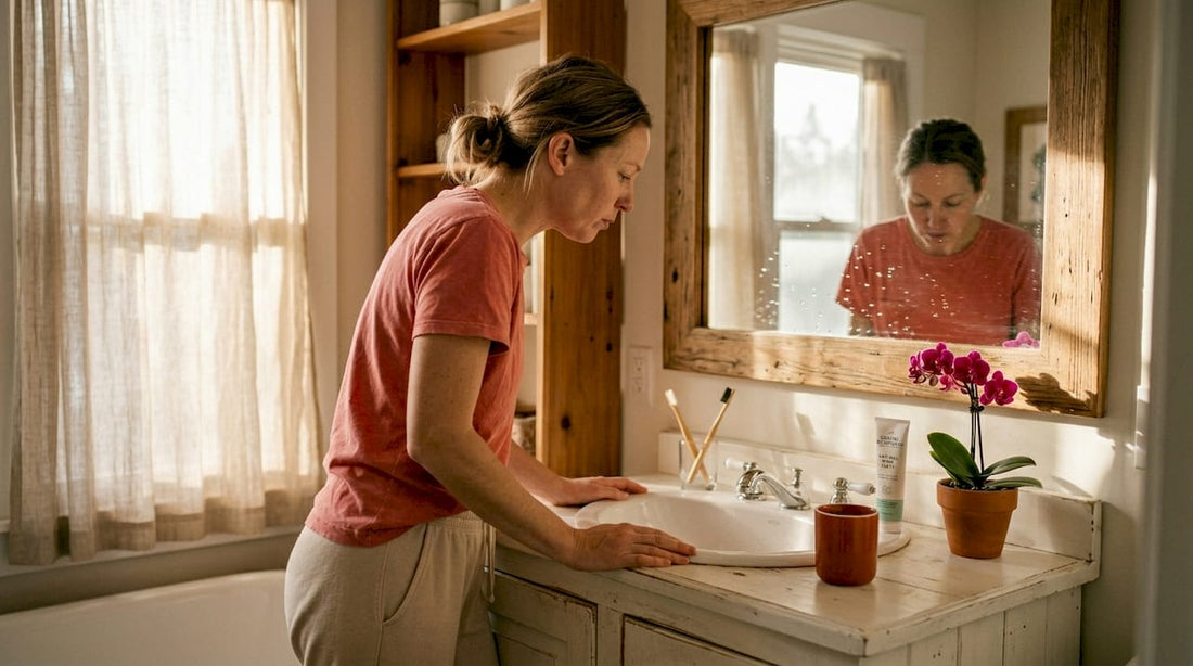 Woman rinsing mouth at home bathroom