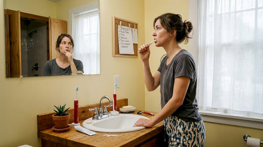 Woman brushing teeth with hygiene checklist visible
