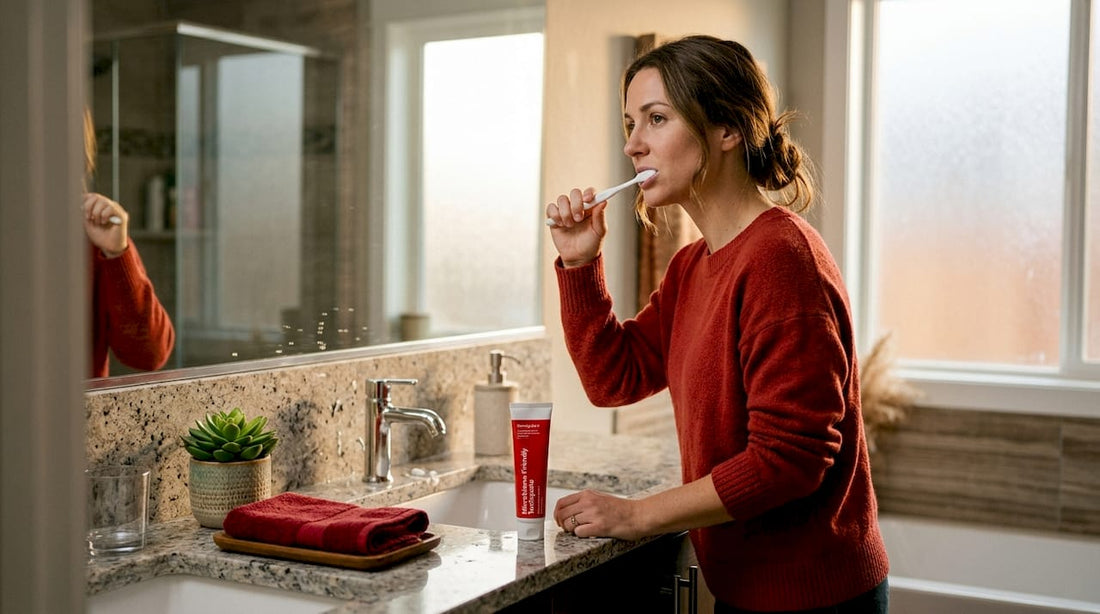 Woman brushing teeth in bright home bathroom