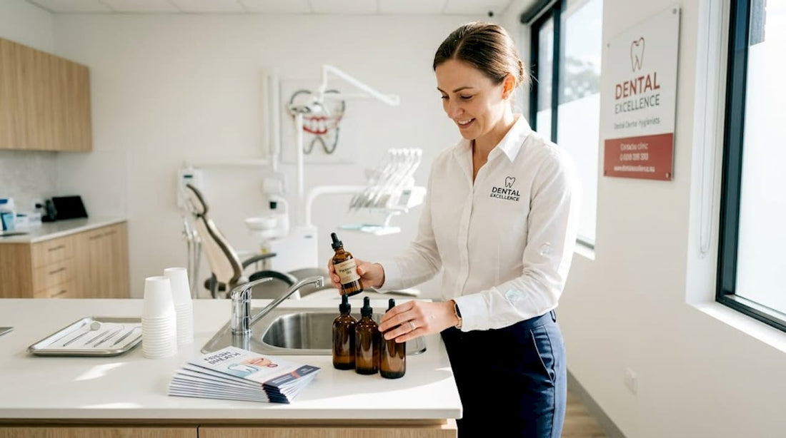 Dental hygienist arranging essential oil bottles