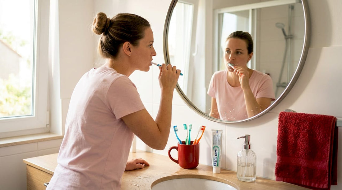 Woman brushing teeth in a home bathroom routine