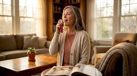 Woman using oral spray in kitchen