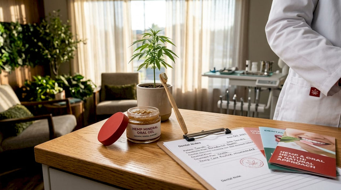 Hemp mineral dental care products on clinic countertop