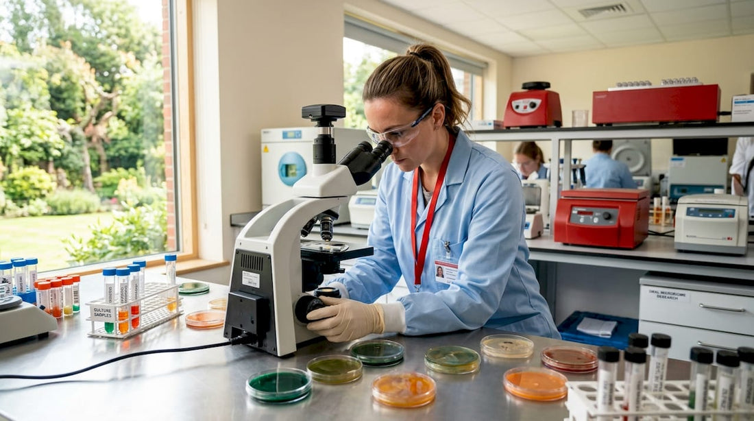 Lab technician examining oral biome samples under microscope