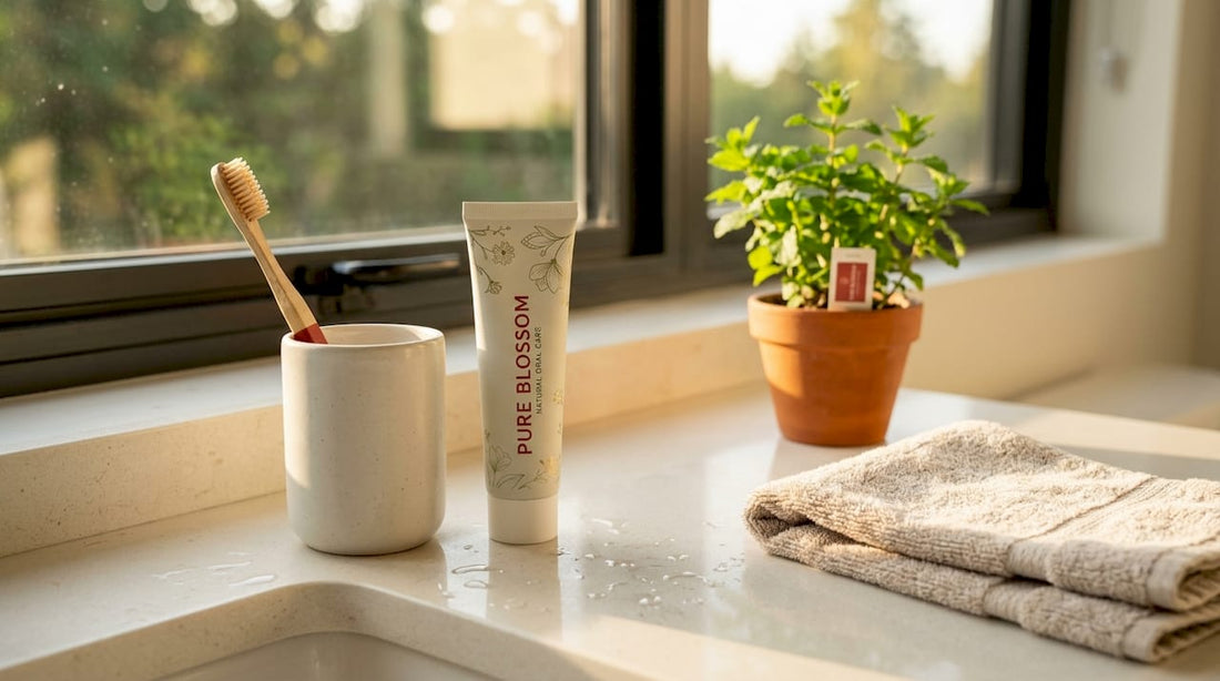 Natural oral care products on bathroom counter