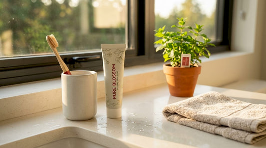 Natural oral care products on bathroom counter