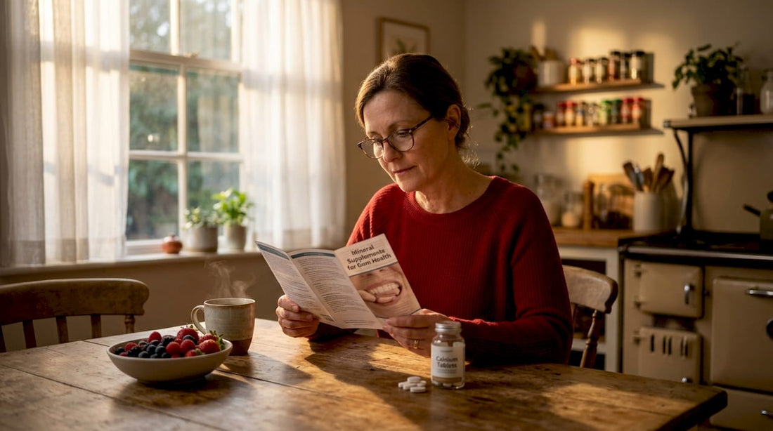 Woman reading about mineral supplements at breakfast table