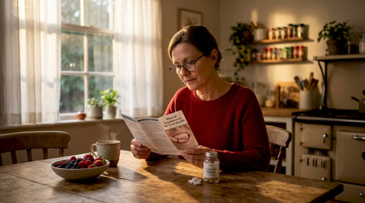 Woman reading about mineral supplements at breakfast table