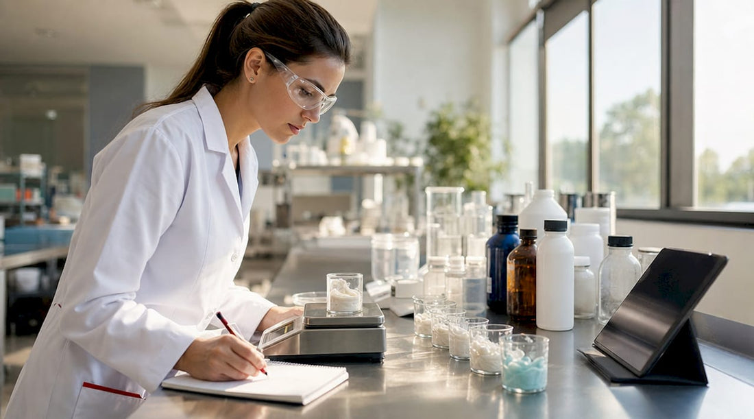 Dental researcher measuring toothpaste samples in lab