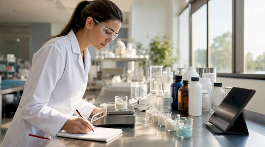 Dental researcher measuring toothpaste samples in lab