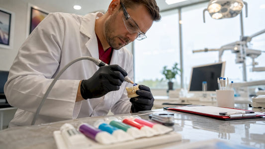 Dental professional performing microabrasion demonstration