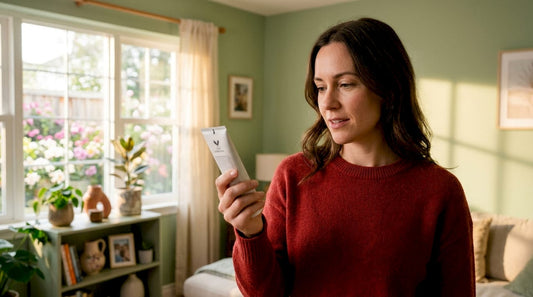 Woman checking cruelty-free toothpaste label in bathroom