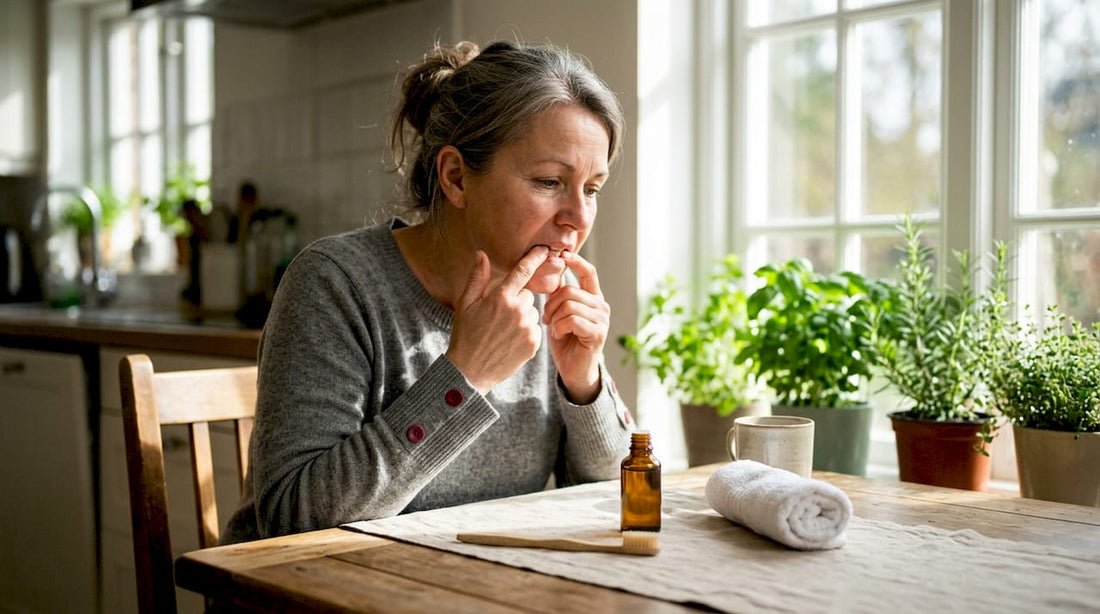 Woman applying hemp oil to gums