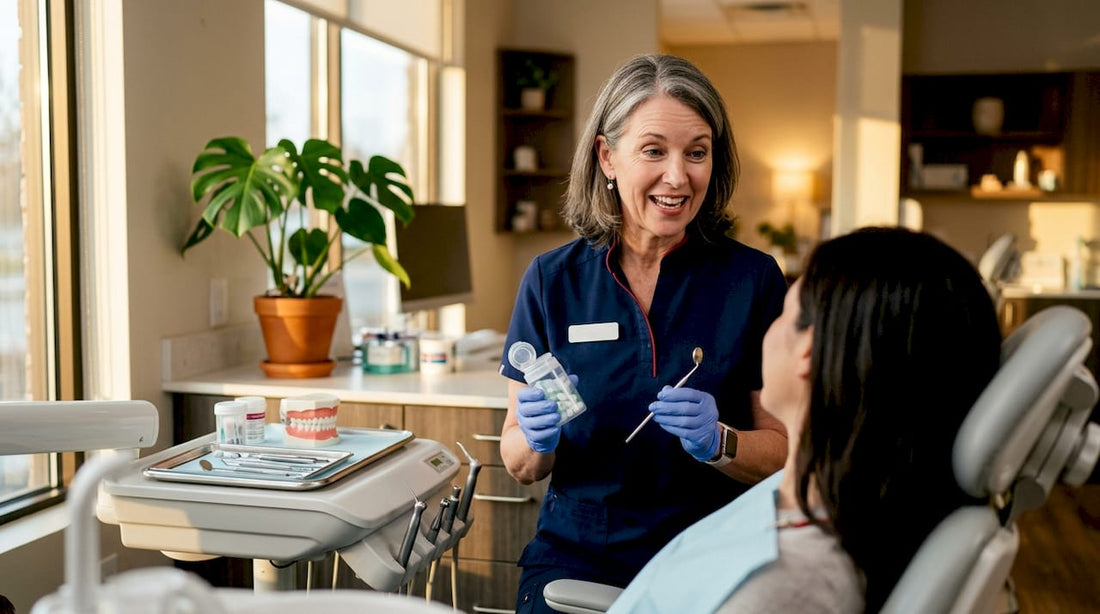 Dentist explaining xylitol benefits to patient