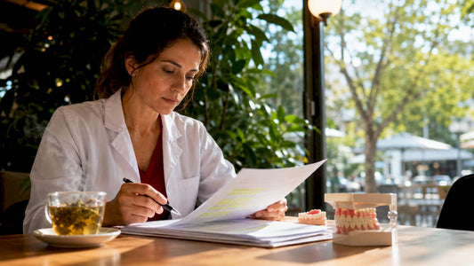 Dentist reviewing clinical dental research documents