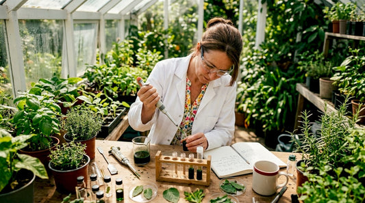 Scientist handling botanical extracts in research lab