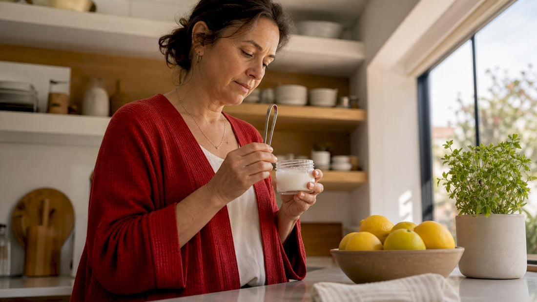 Woman doing natural oral detox routine in bathroom