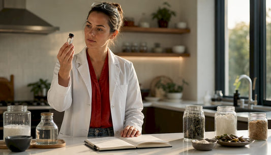 Dental researcher examining sea mineral vial in lab