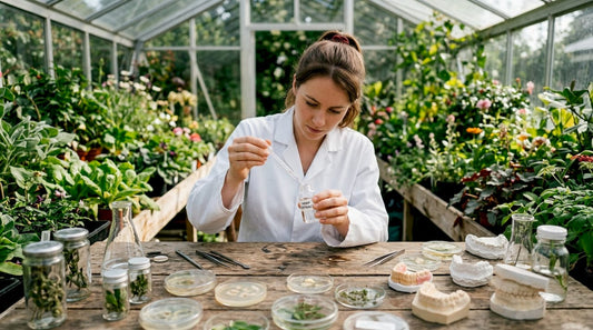 Scientist handling hemp extract in dental lab