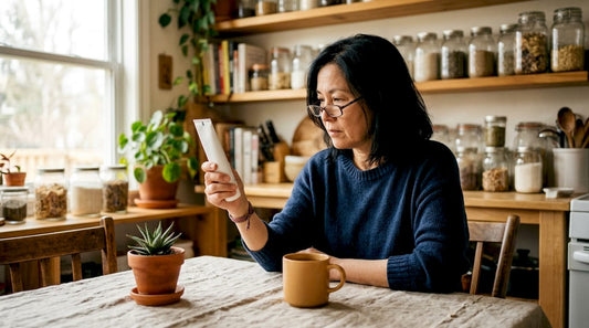 Woman examining toothpaste ingredient label