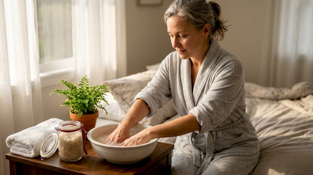 Woman soaking hands in Dead Sea salt bath