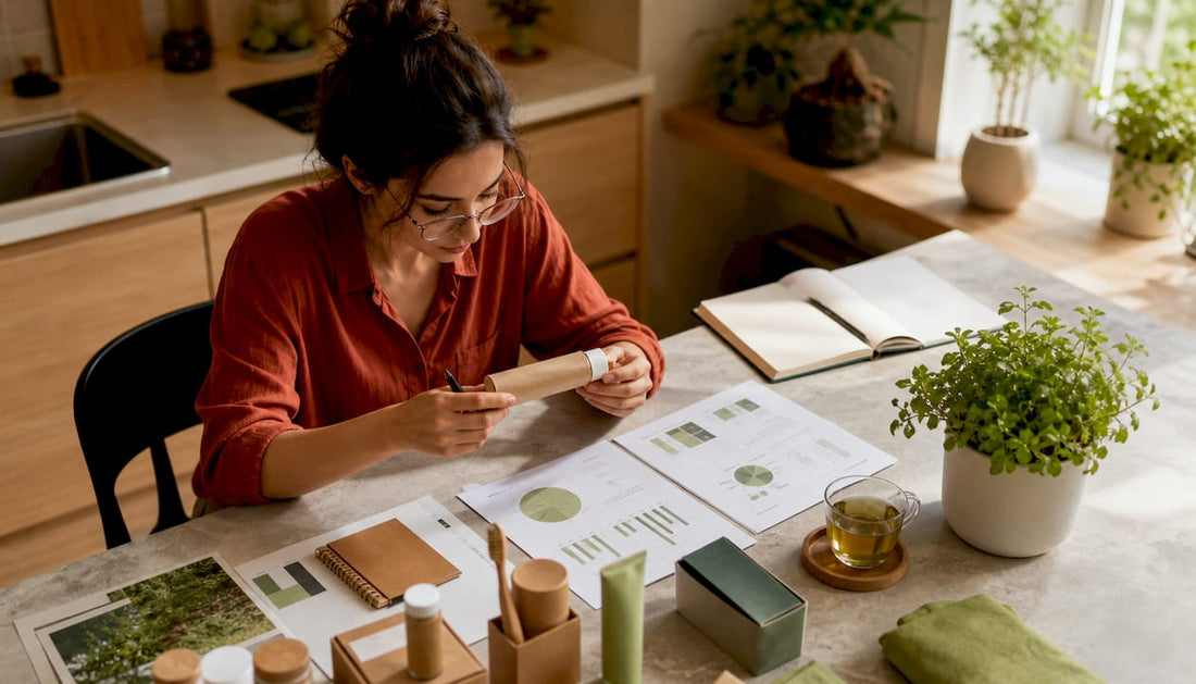 Woman reviewing sustainable oral care packaging