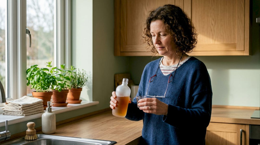 Woman using natural mouthwash in bathroom