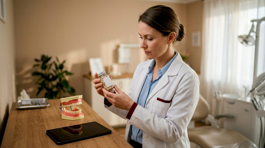 Dental hygienist holding probiotic capsules in clinic