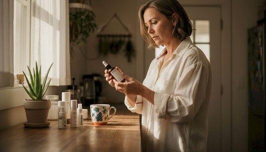 Woman reading ingredients on product bottle