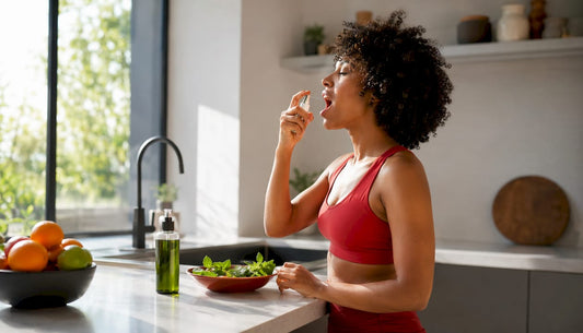 Woman applying hemp oral spray in bathroom