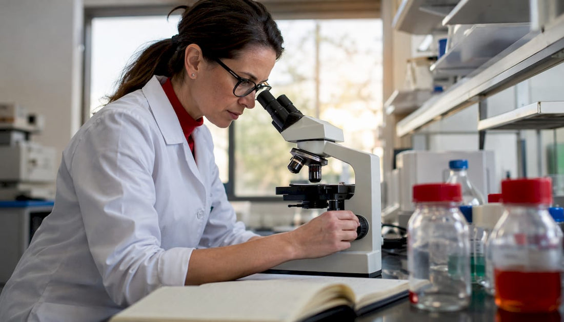Immunologist examining oral mucosal cells under microscope
