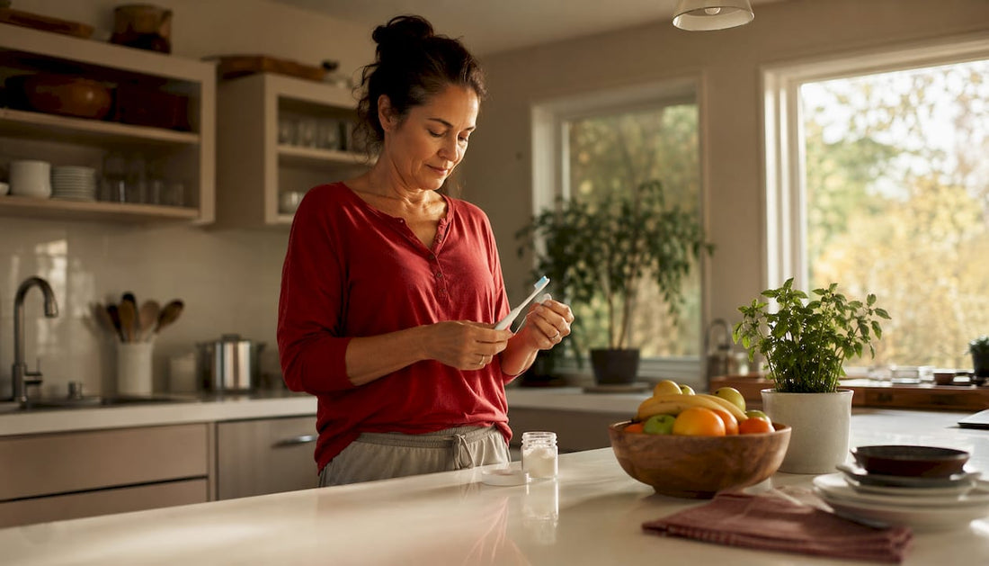 Woman beginning daily oral hygiene routine at home sink