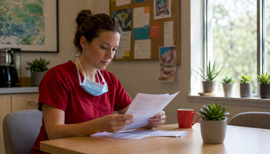 Dental hygienist at clinic desk reviewing charts