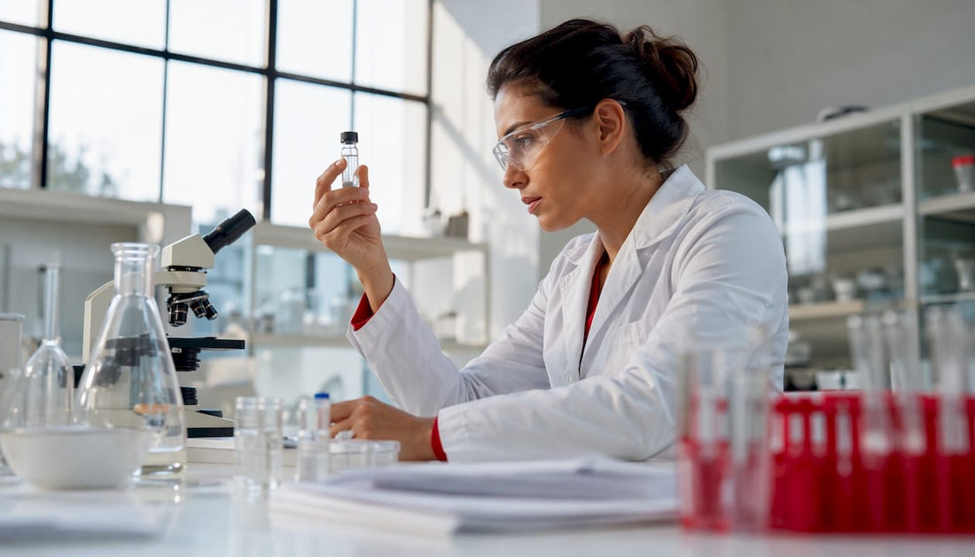 Dental researcher examining oral care product