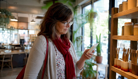 Woman reading oral product label in store