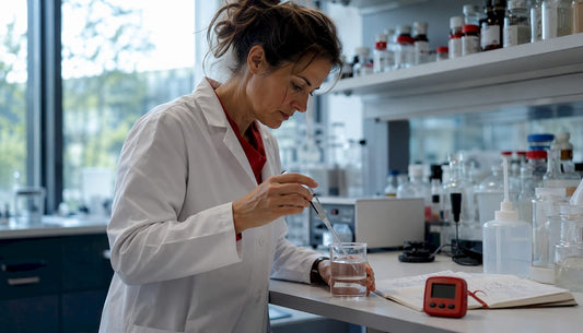 Scientist measuring liquid reagent in oral product research lab