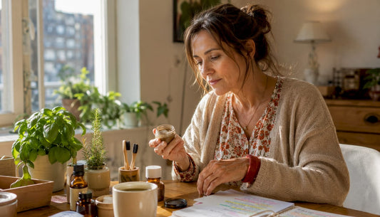 Woman reviewing natural oral care products at kitchen table
