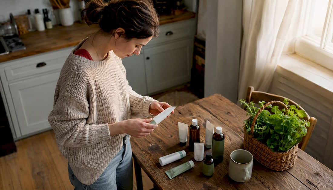 Woman inspecting fluoride-free oral care products