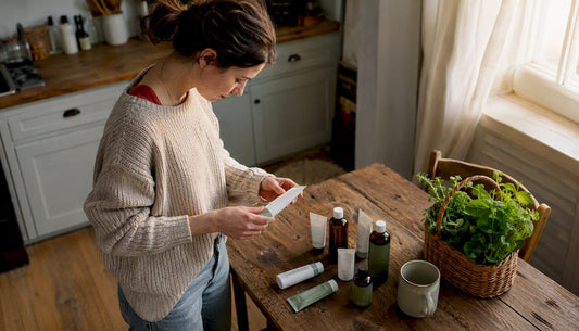 Woman inspecting fluoride-free oral care products