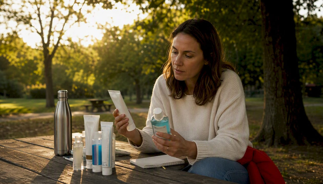 Woman reviewing fluoride-free oral care products