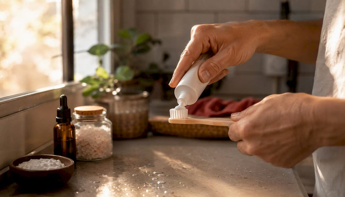 Hands applying fluoride-free toothpaste on toothbrush