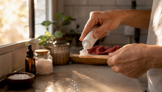 Hands applying fluoride-free toothpaste on toothbrush