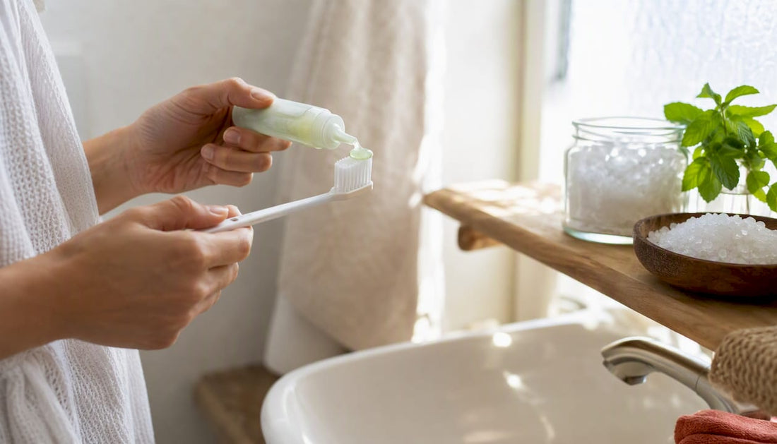 Applying hemp-based fluoride-free toothpaste on toothbrush